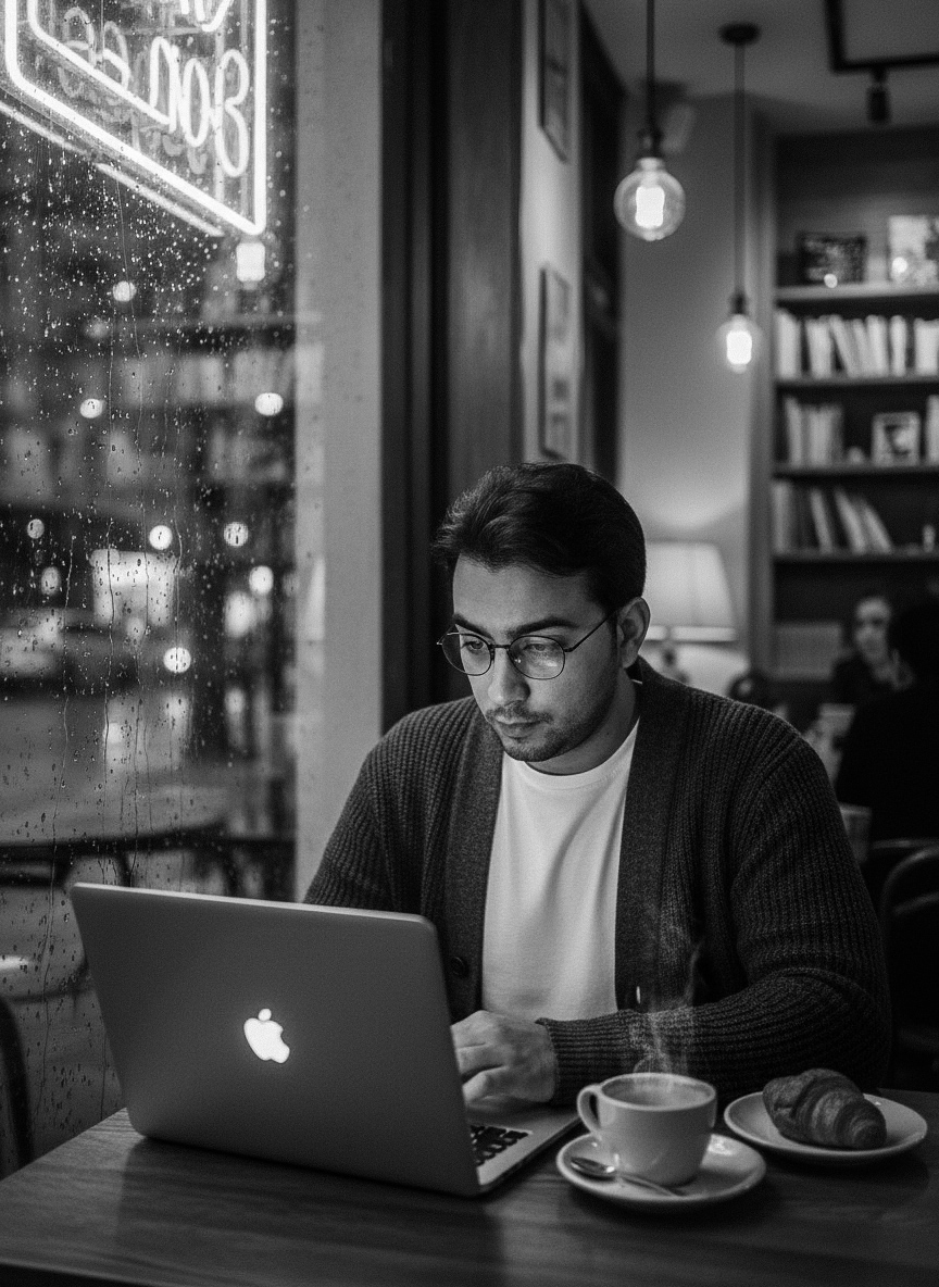 William Romero Ramirez sitting in a coffee shop, frontend developer and web engineer